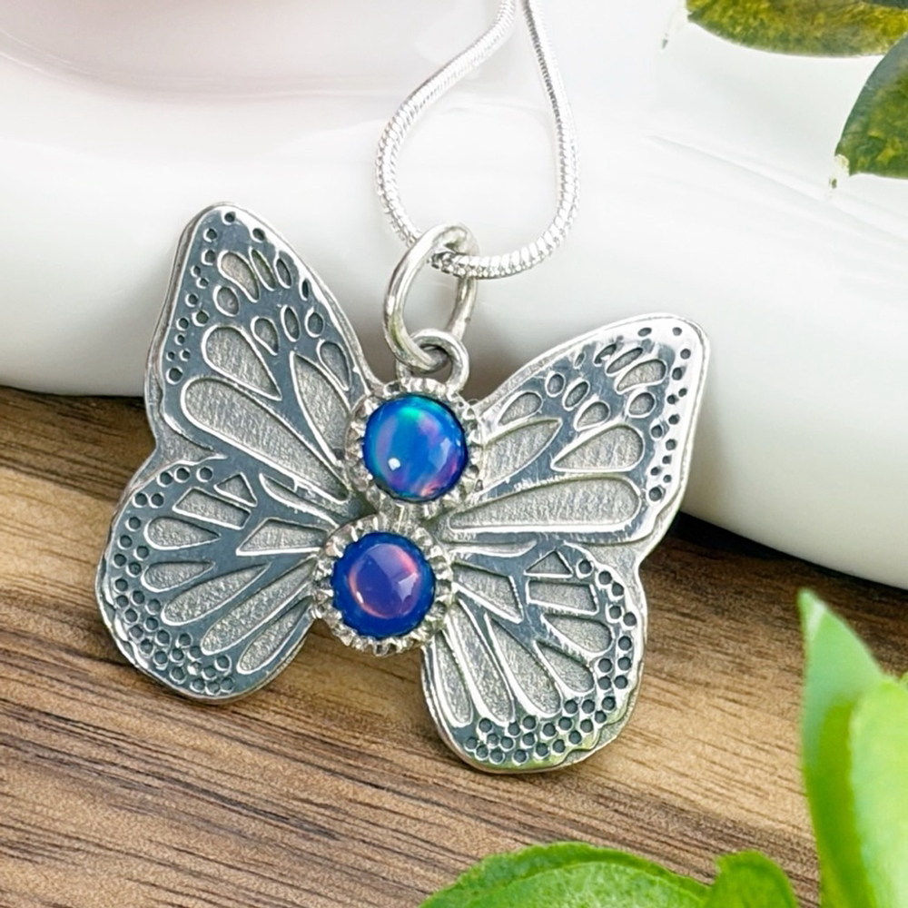 Aura Opal Butterfly Pendant Pure Sterling Silver 925 Boho Southwest Blue Purple